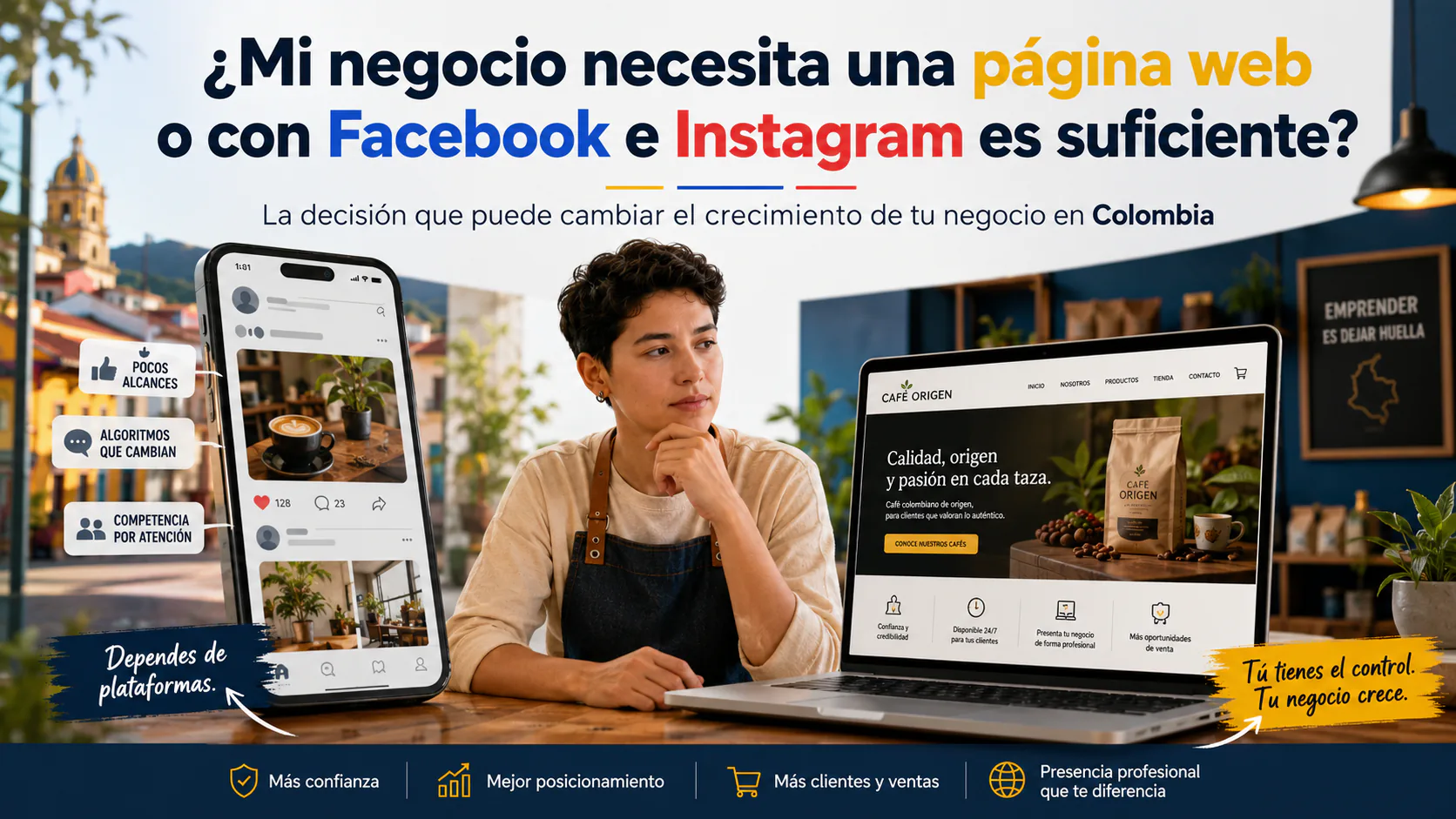 Negocio en Colombia evaluando si necesita una página web profesional o solo redes sociales